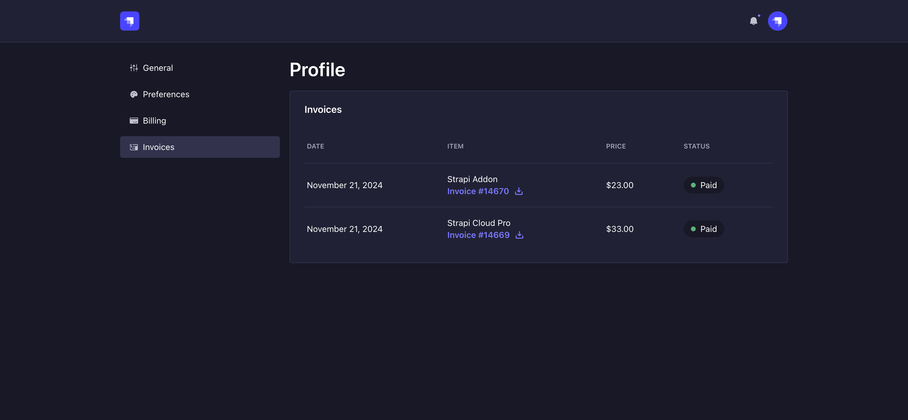 Invoices tab of Profile page